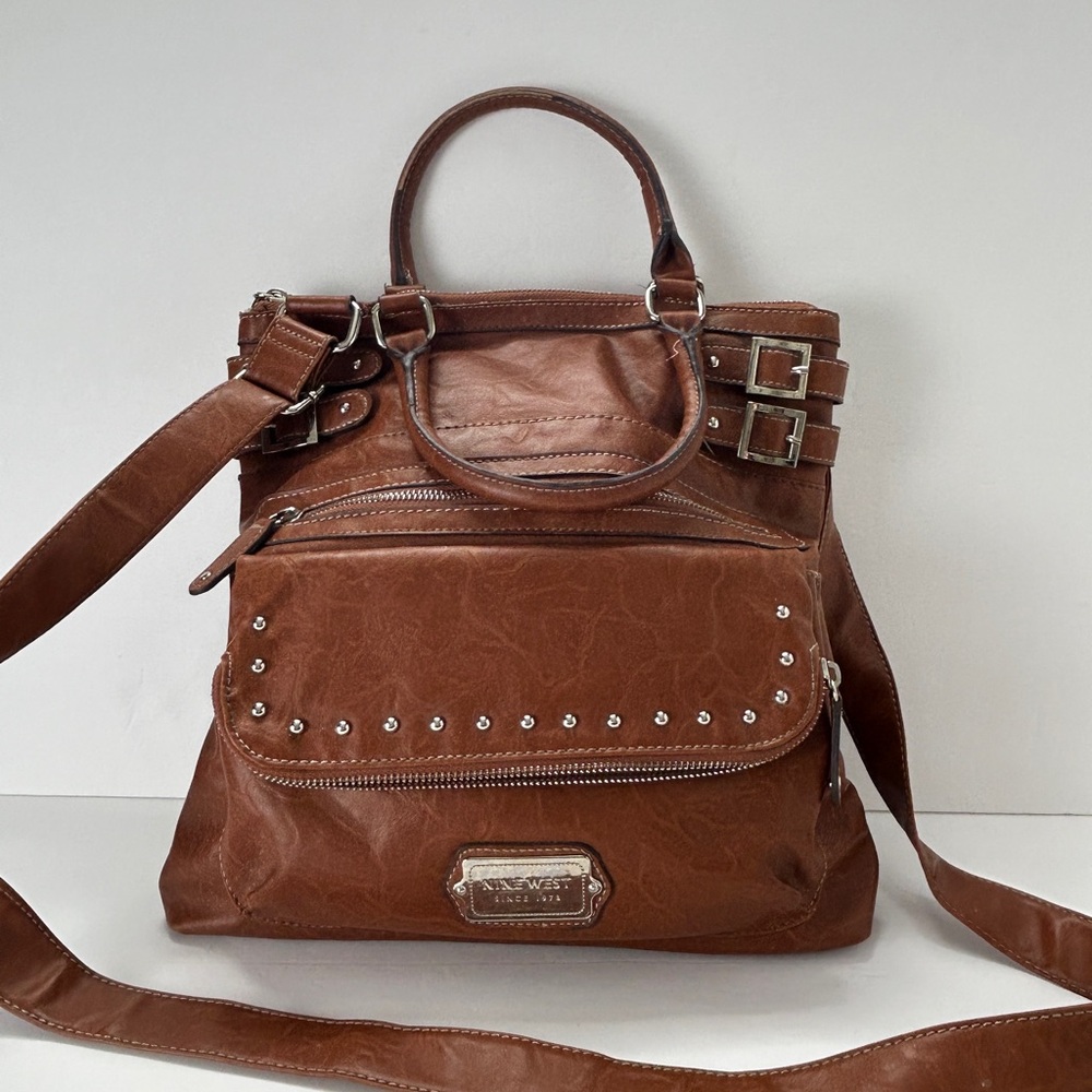 Nine West Brown Crossbody Bag Studs Zippers & Buckles Double Handle Purse - Picture 1 of 16
